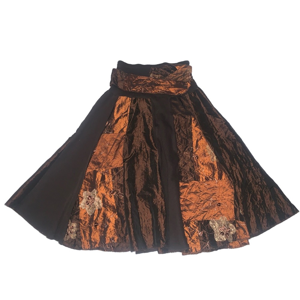 Vintage French Taffeta Knit Patch Skirt Brown Floral Boho Indie Y2K Fairy Grunge